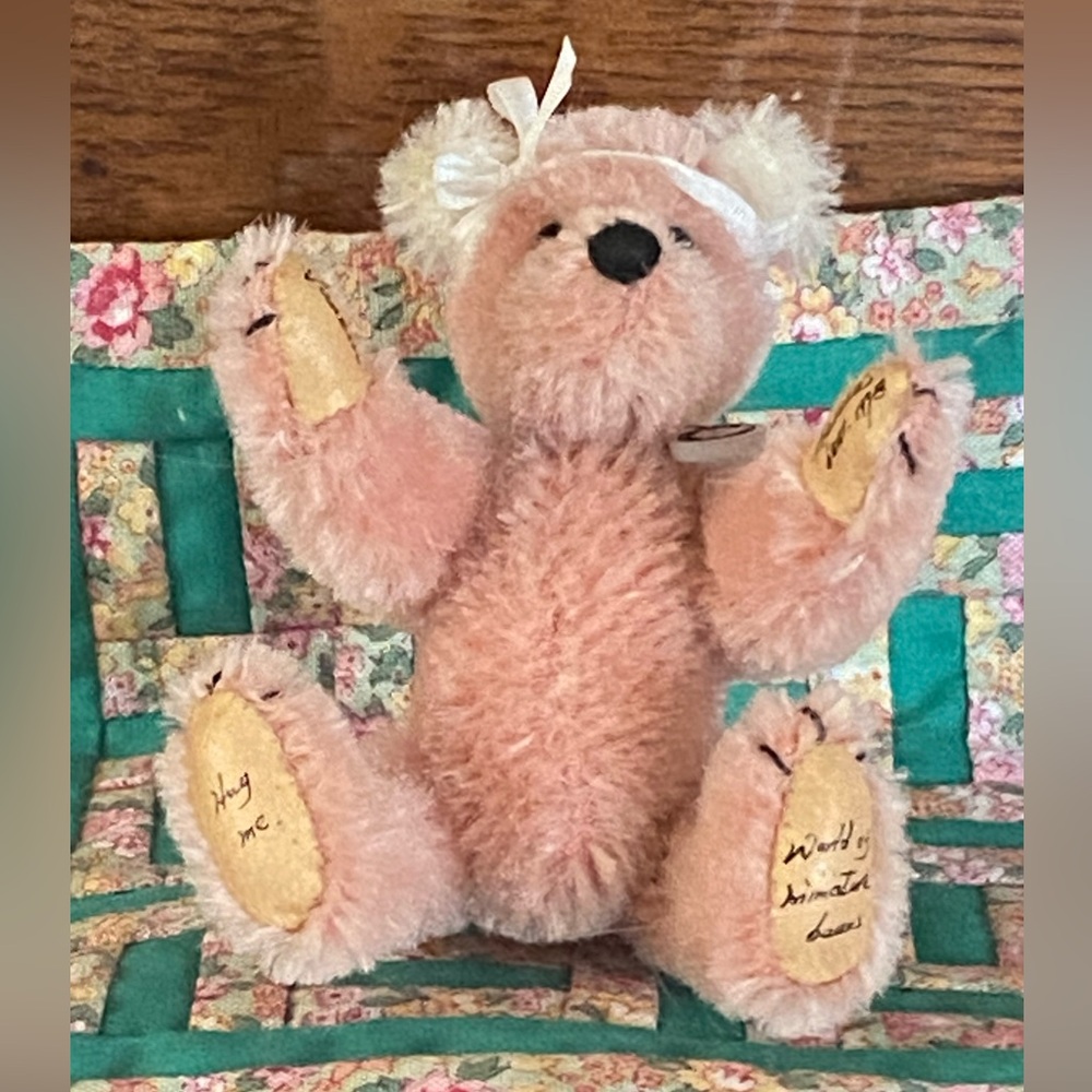 Miniature Pink Mohair Bear with Floral Quilt
